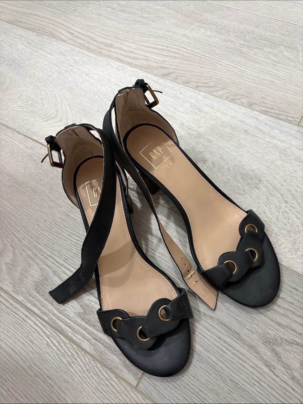 GAP Black Leather Open-Toe Ankle-Strap Heels with Gold Eyelets